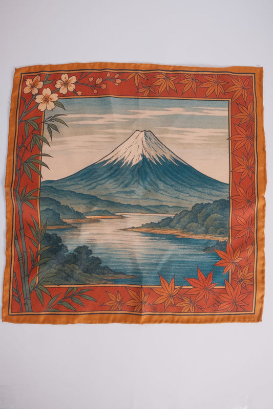Einstecktuch „Fuji & Kranich“ – 100 % Seide, handrolliert